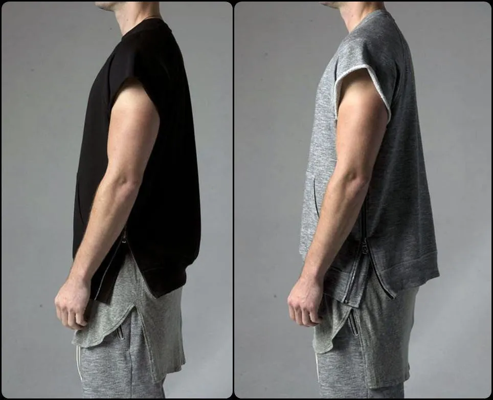 KANYEWEST Essential Short Sleeve Raw Sleeve Edges Side Zip Muscle Crew Neck Sweatshirt