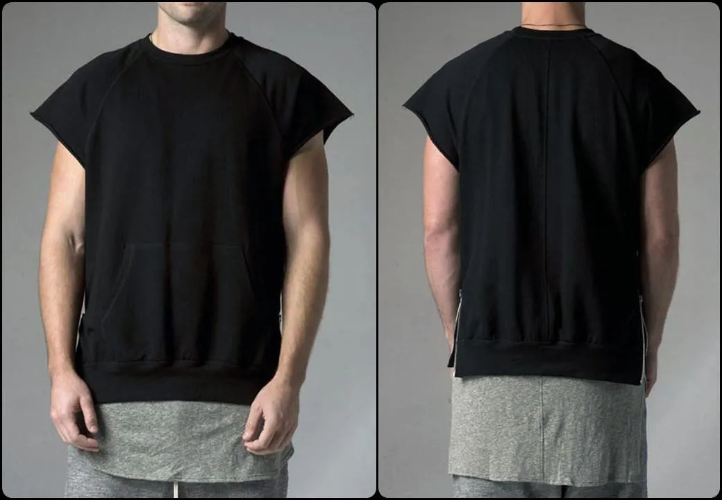 KANYEWEST Essential Short Sleeve Raw Sleeve Edges Side Zip Muscle Crew Neck Sweatshirt