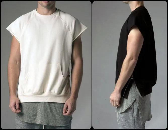 KANYEWEST Essential Short Sleeve Raw Sleeve Edges Side Zip Muscle Crew Neck Sweatshirt