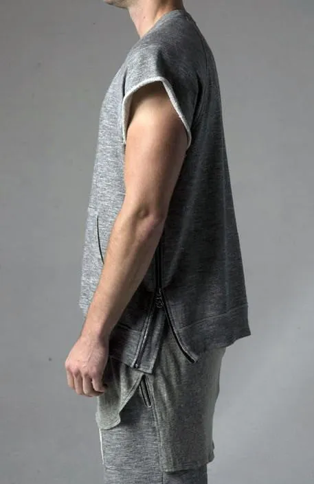 KANYEWEST Essential Short Sleeve Raw Sleeve Edges Side Zip Muscle Crew Neck Sweatshirt