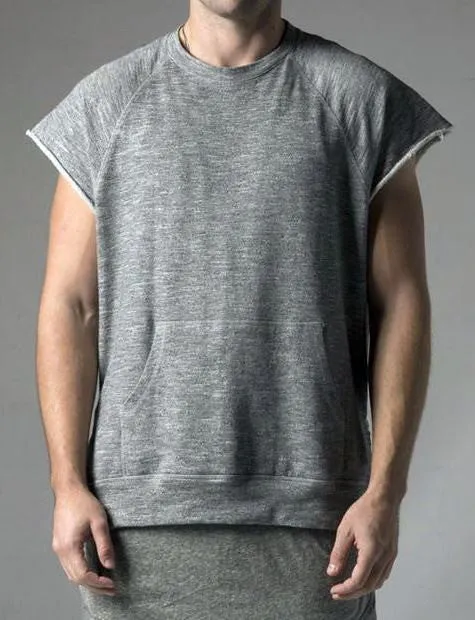 KANYEWEST Essential Short Sleeve Raw Sleeve Edges Side Zip Muscle Crew Neck Sweatshirt