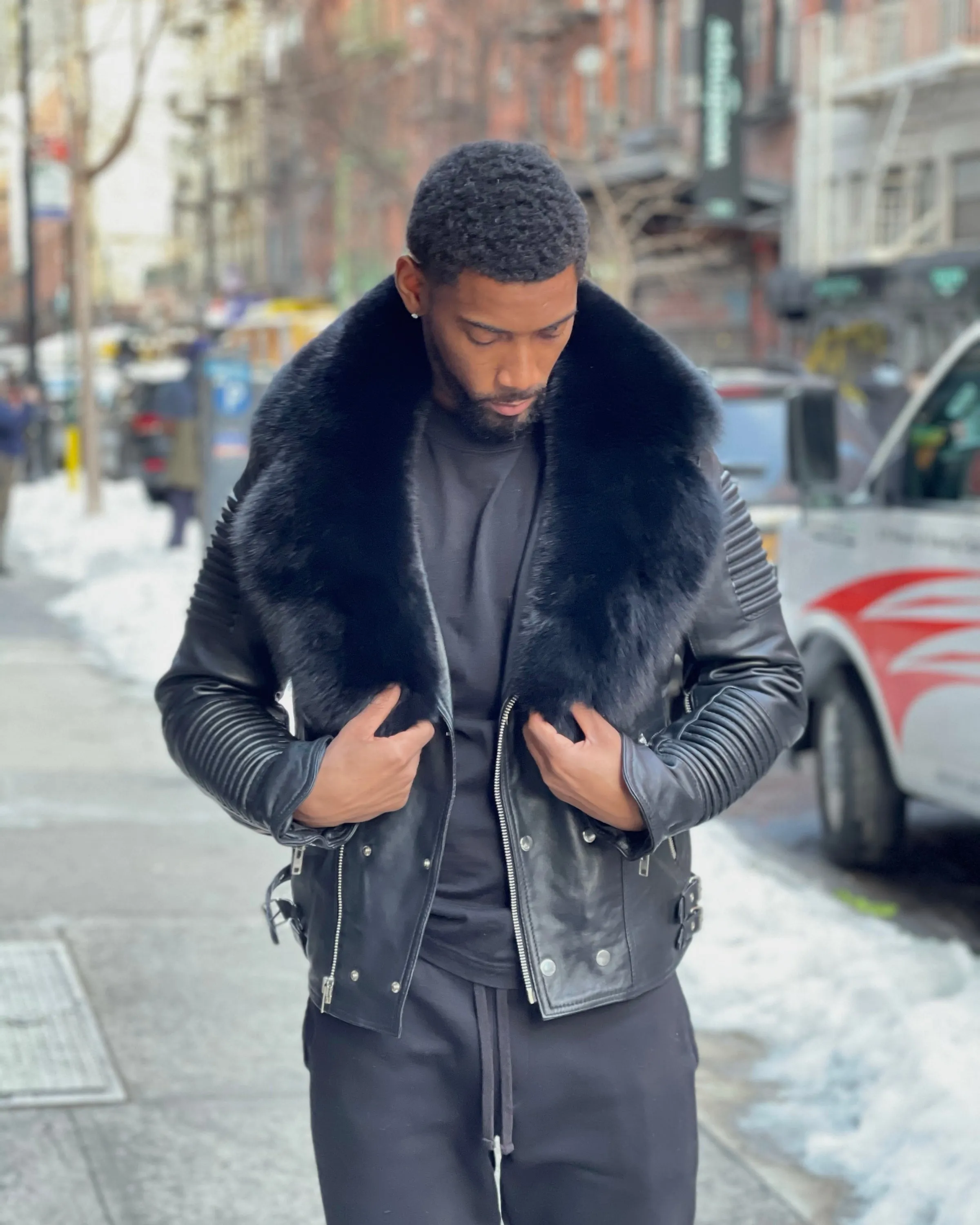 MEN BLACK- BIKER RIBBLES WITH BLACK FOX FUR