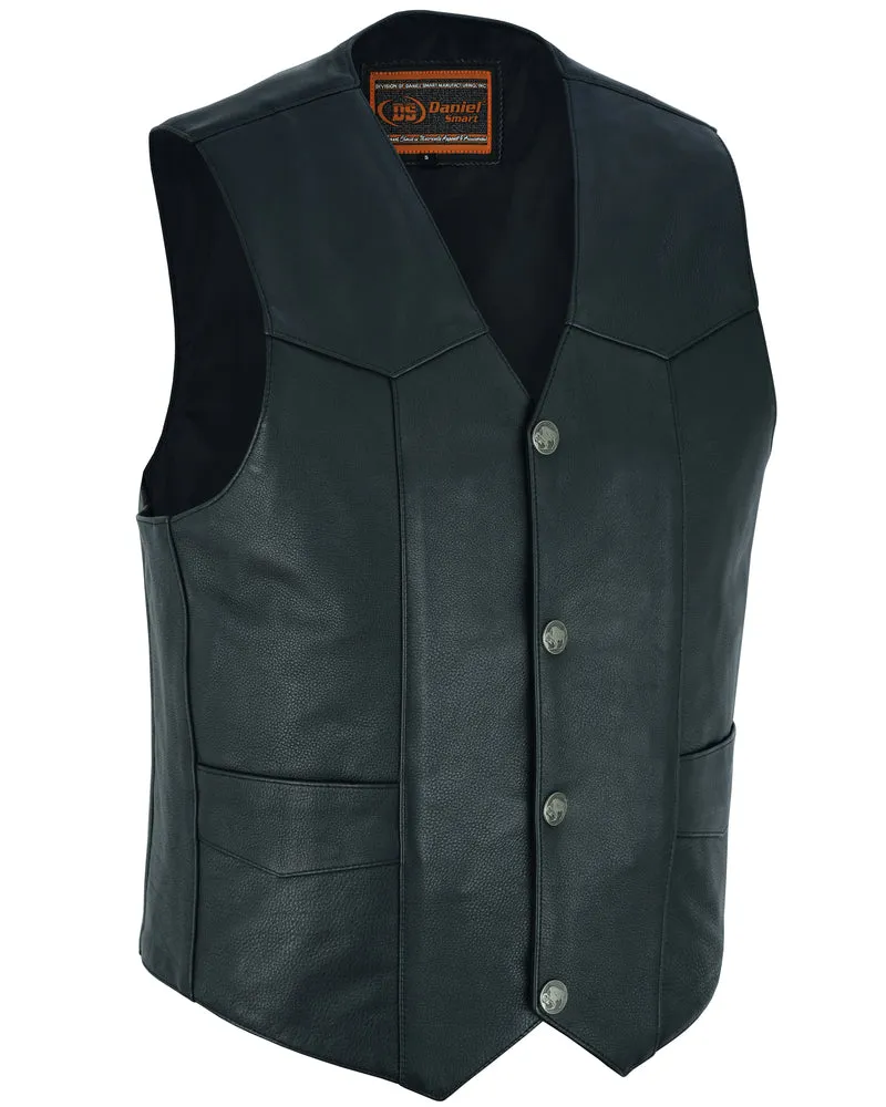 Men's Black Leather Concealed Carry Motorcycle Vest with Single Panel