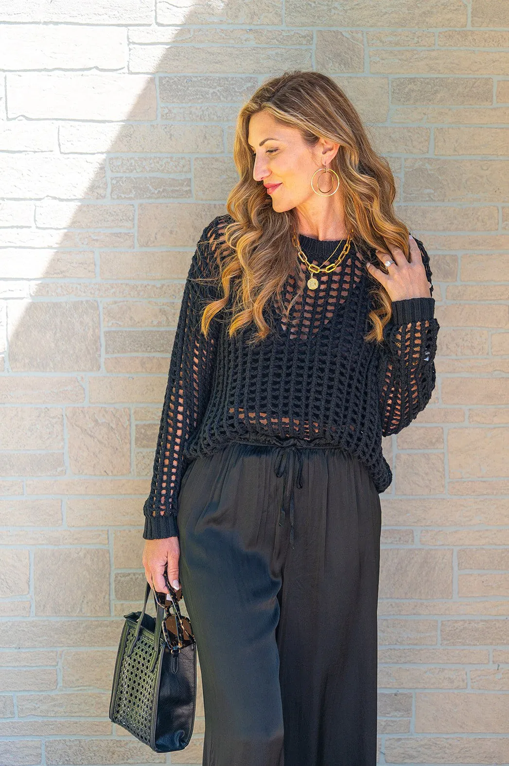 Mia Loose Fit Crochet Sweater Black