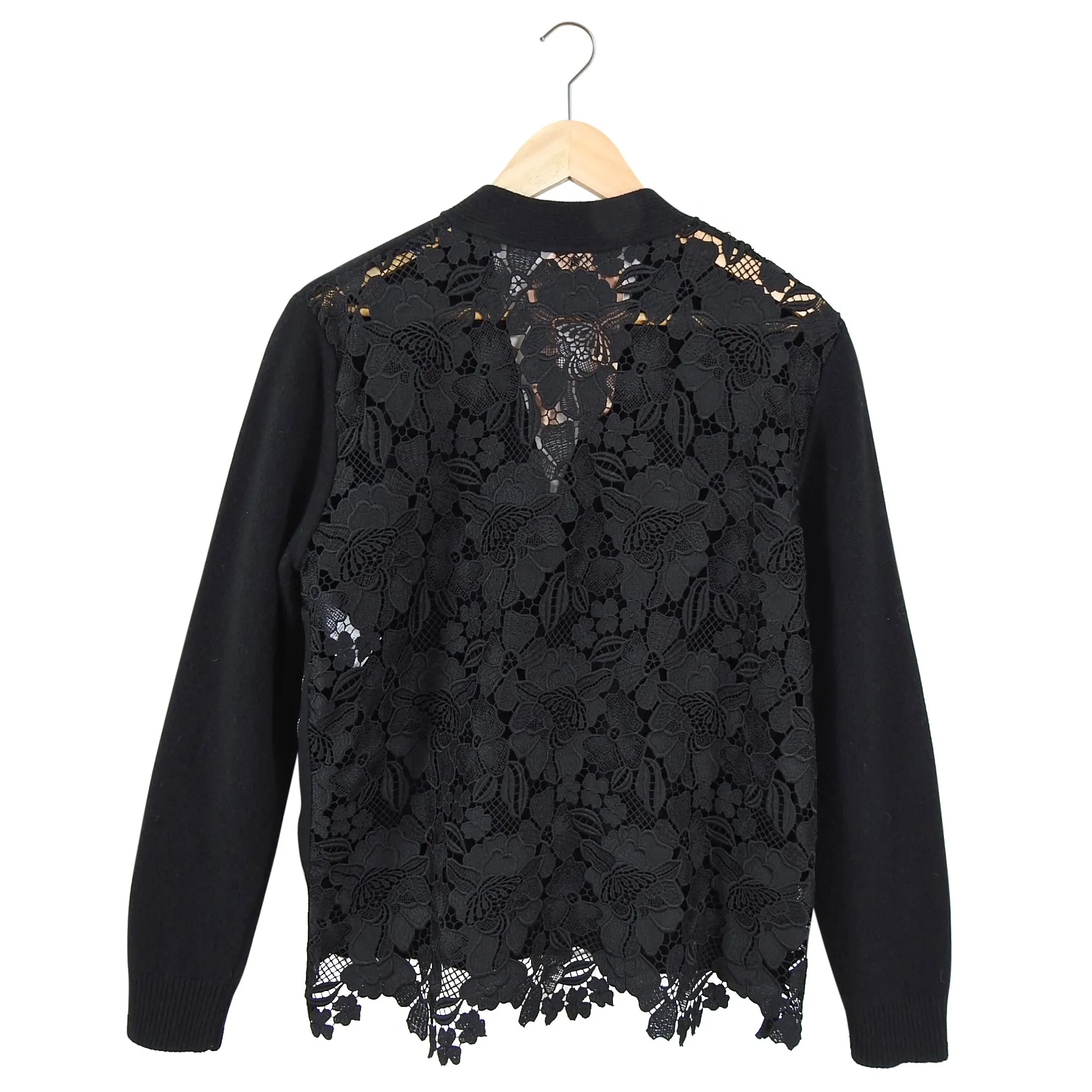 No 21 Black Wool and Guipure Lace Oversized Cardigan Sweater - S