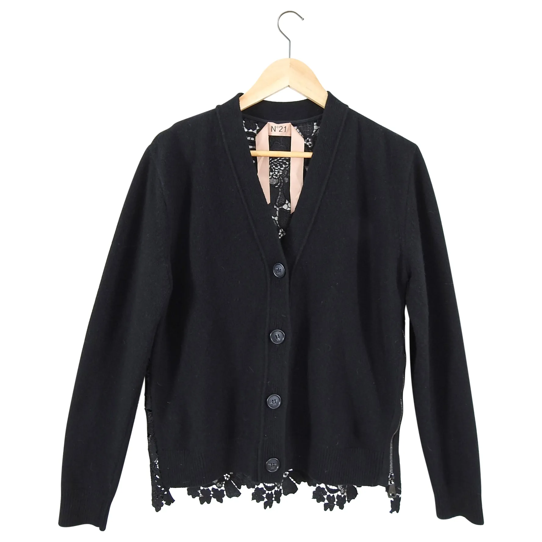 No 21 Black Wool and Guipure Lace Oversized Cardigan Sweater - S