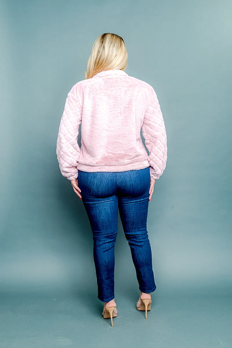 Plus Size 1/2 Zip Fur Pullover Sweater with Quilted Kangaroo Pocket and Long Sleeves in  (NB4100042482)