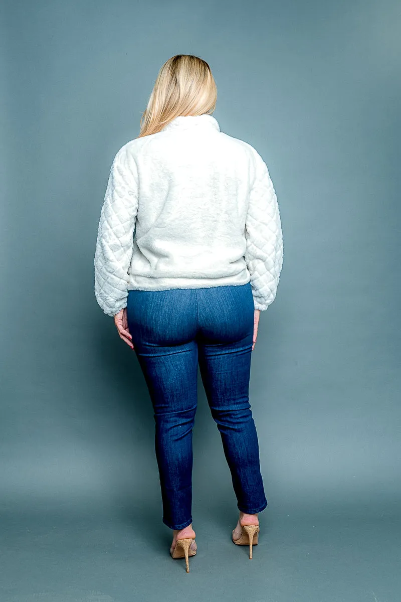 Plus Size 1/2 Zip Fur Pullover Sweater with Quilted Kangaroo Pocket and Long Sleeves in  (NB4100042482)