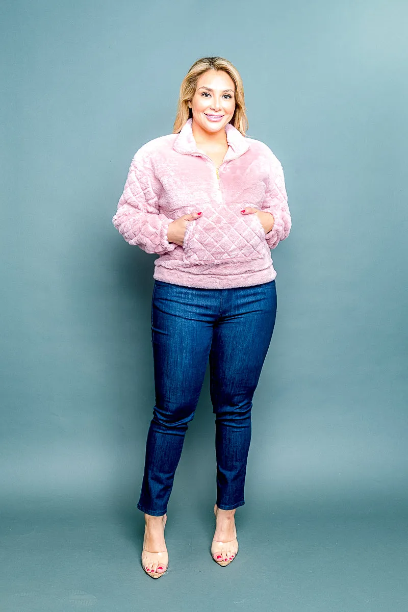 Plus Size 1/2 Zip Fur Pullover Sweater with Quilted Kangaroo Pocket and Long Sleeves in  (NB4100042482)