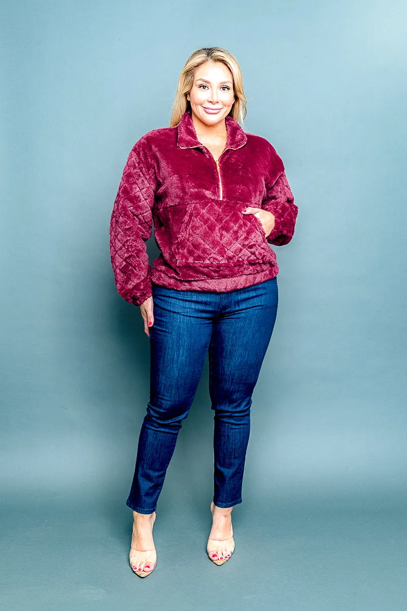 Plus Size 1/2 Zip Fur Pullover Sweater with Quilted Kangaroo Pocket and Long Sleeves in  (NB4100042482)