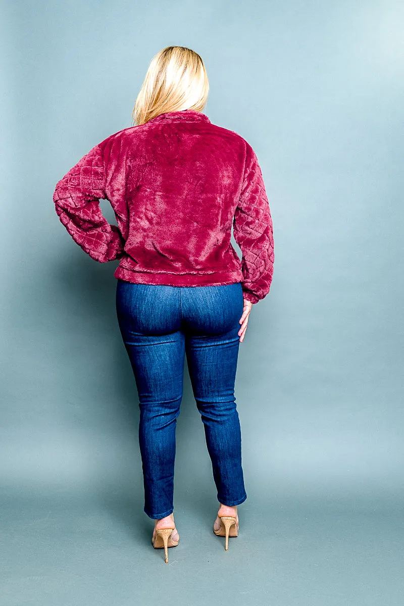 Plus Size 1/2 Zip Fur Pullover Sweater with Quilted Kangaroo Pocket and Long Sleeves in  (NB4100042482)