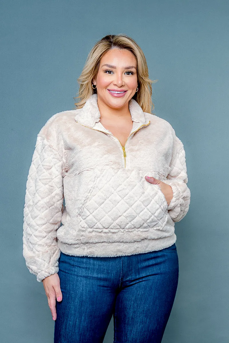 Plus Size 1/2 Zip Fur Pullover Sweater with Quilted Kangaroo Pocket and Long Sleeves in  (NB4100042482)