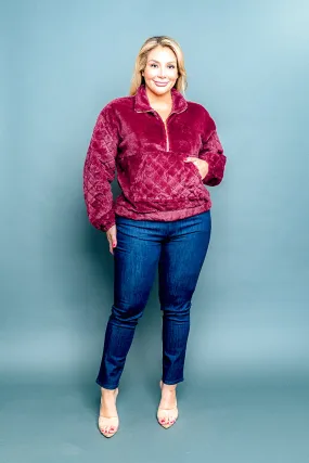 Plus Size 1/2 Zip Fur Pullover Sweater with Quilted Kangaroo Pocket and Long Sleeves in  (NB4100042482)