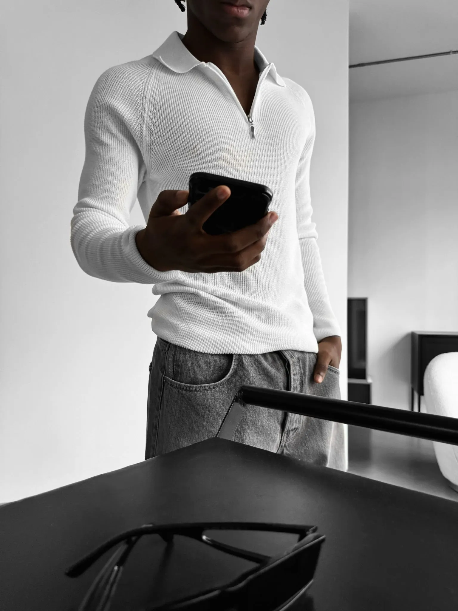 Slim Fit Knit Zipper Polo Sweater - Ecru