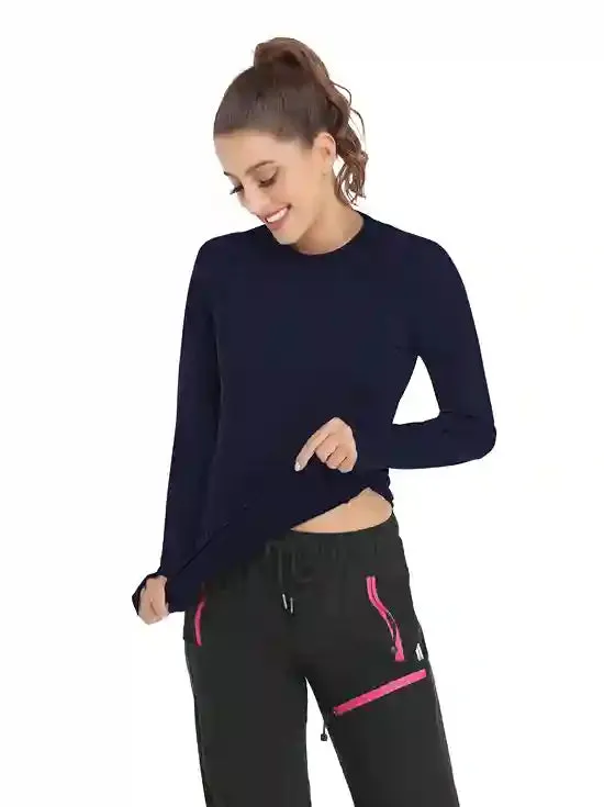 Solid Color Crew-neck Long-sleeve Fleece top for Women