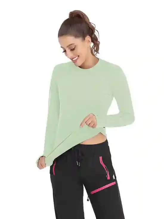 Solid Color Crew-neck Long-sleeve Fleece top for Women