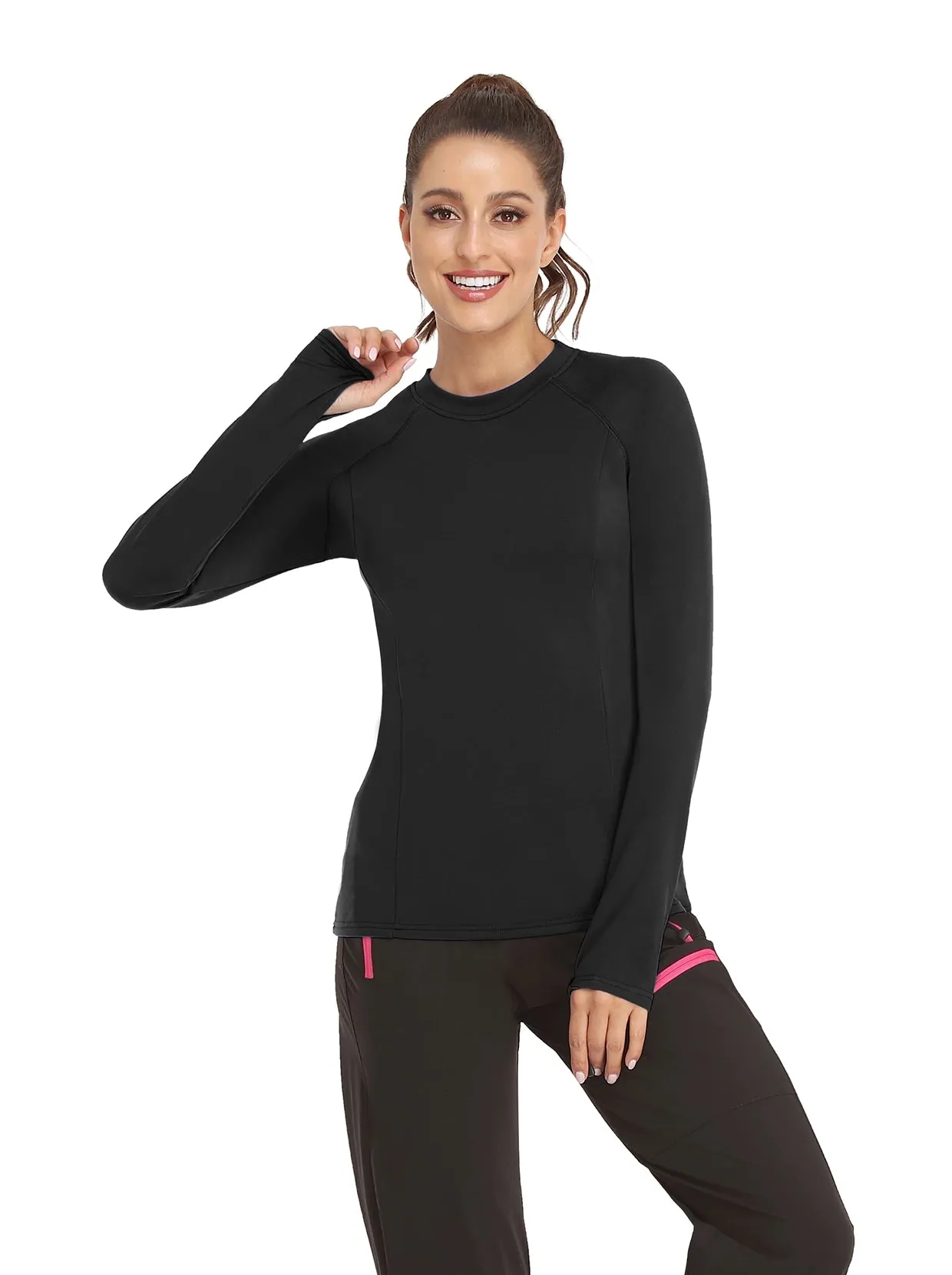 Solid Color Crew-neck Long-sleeve Fleece top for Women