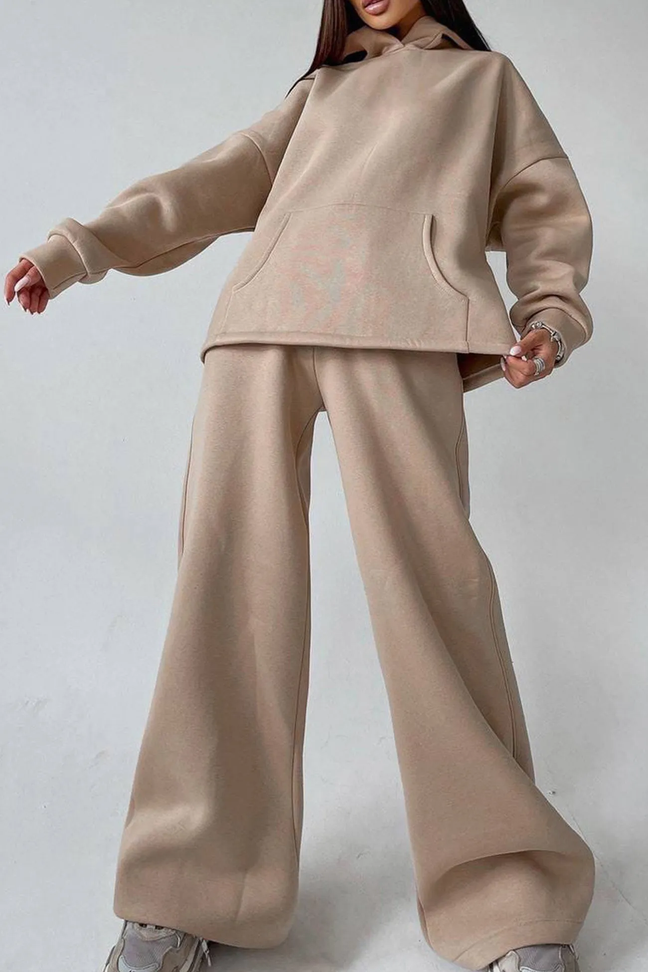 Solid Hoodie Wide Leg Long Pants Suits