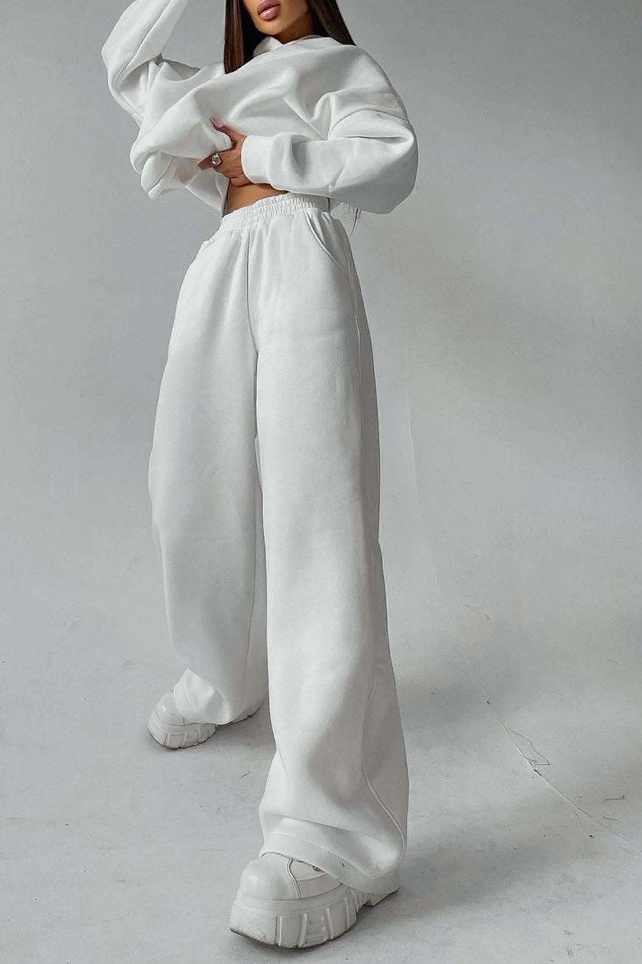 Solid Hoodie Wide Leg Long Pants Suits