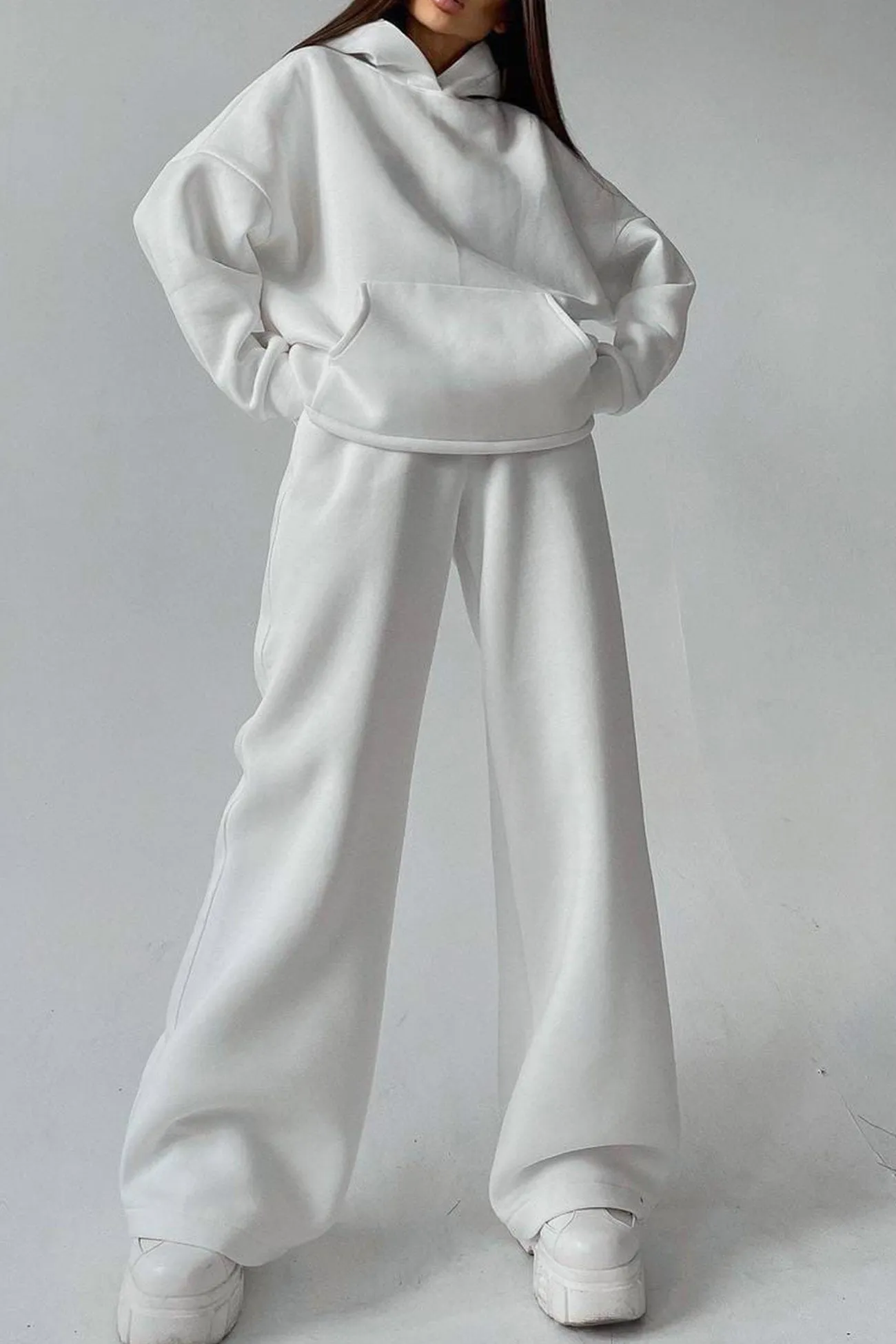 Solid Hoodie Wide Leg Long Pants Suits