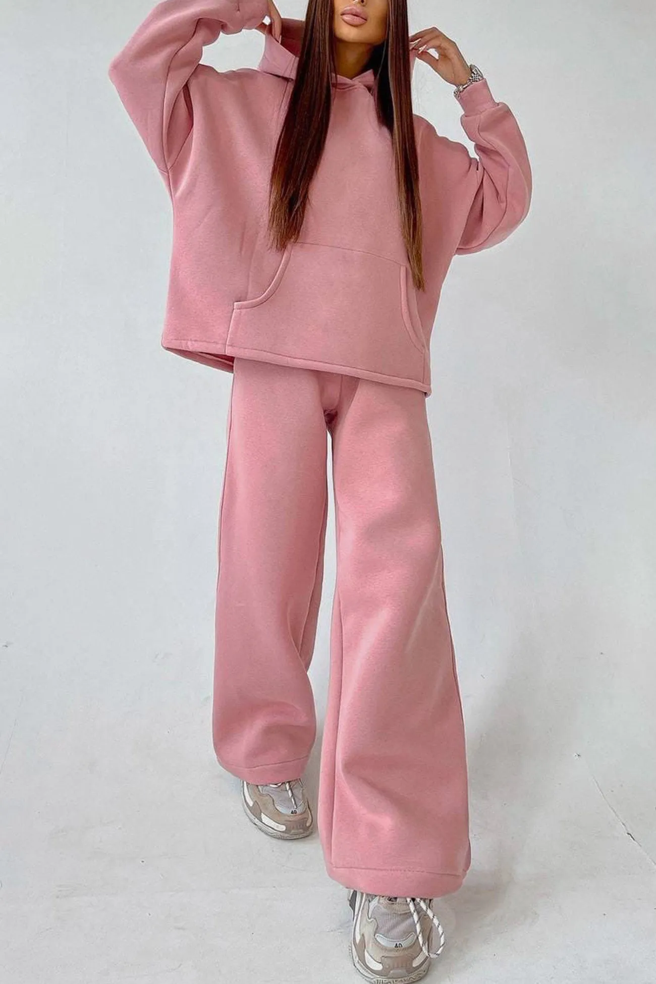 Solid Hoodie Wide Leg Long Pants Suits