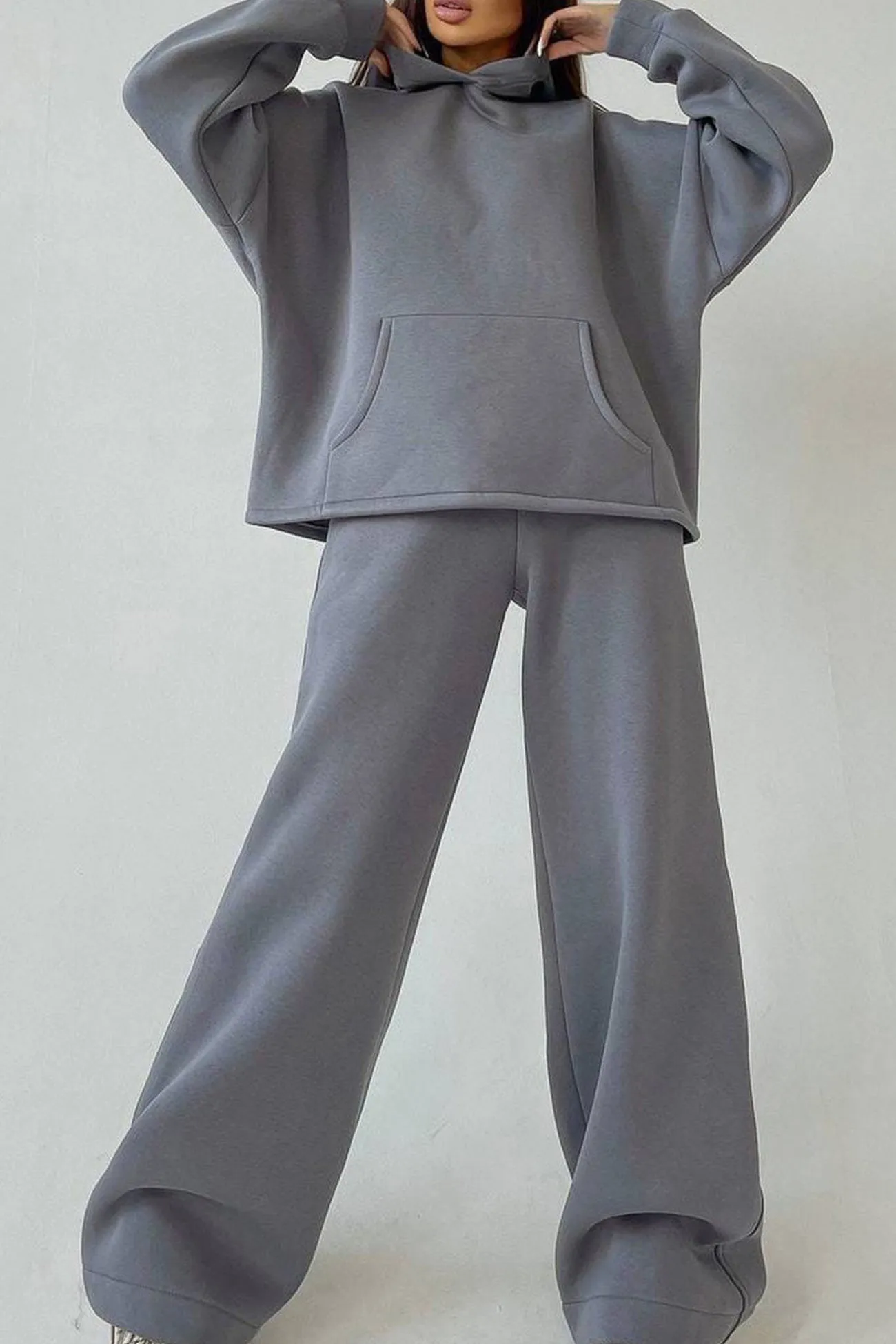 Solid Hoodie Wide Leg Long Pants Suits