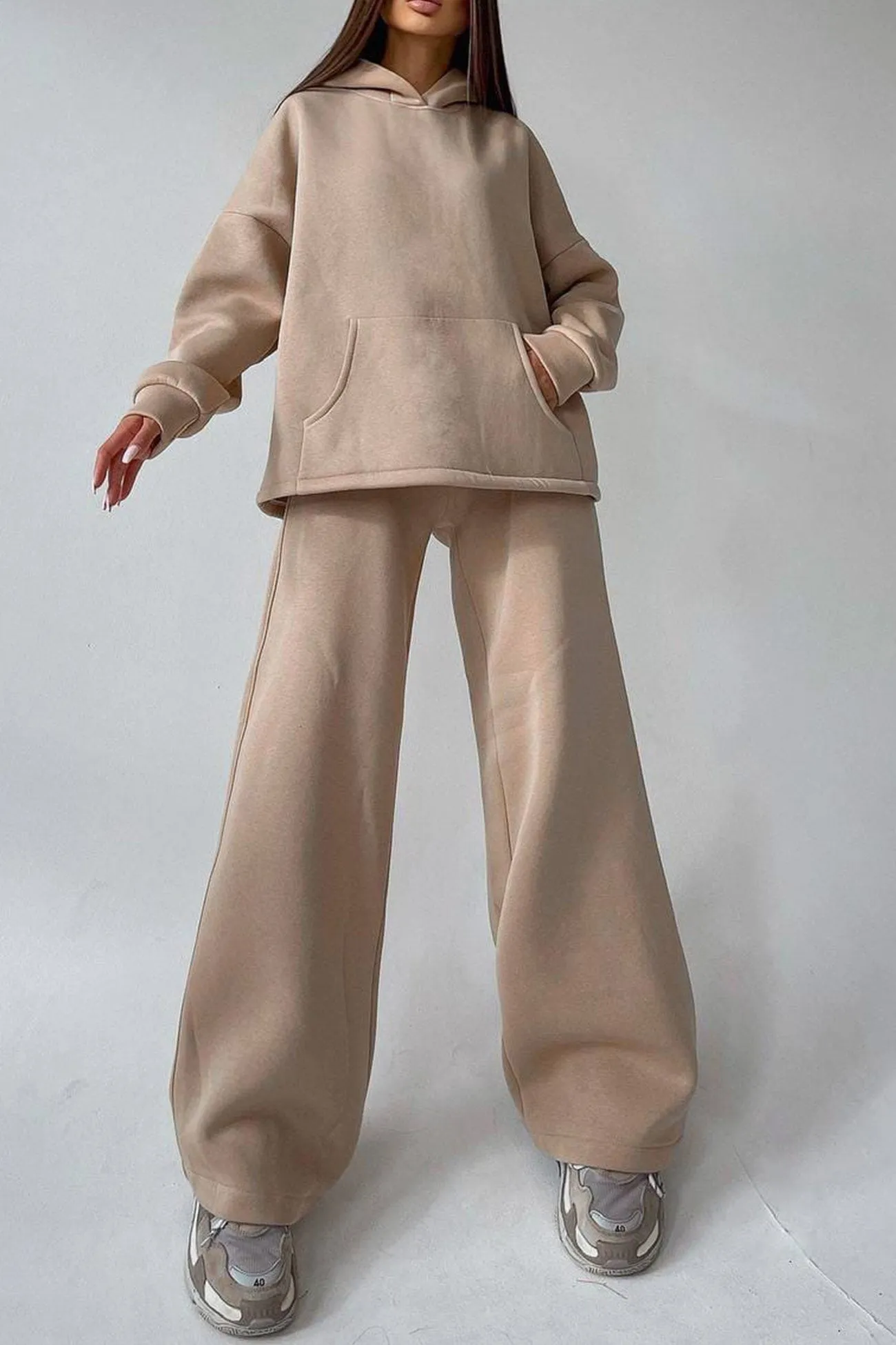 Solid Hoodie Wide Leg Long Pants Suits
