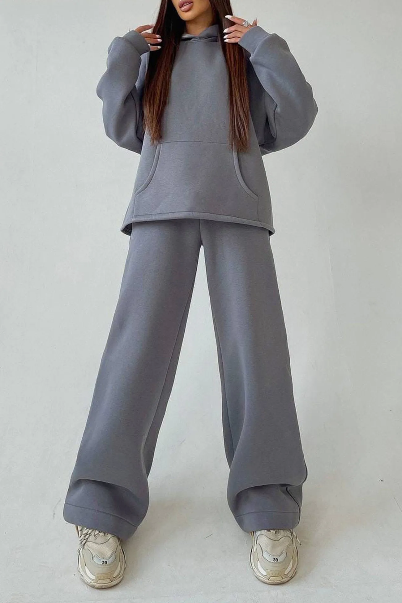 Solid Hoodie Wide Leg Long Pants Suits
