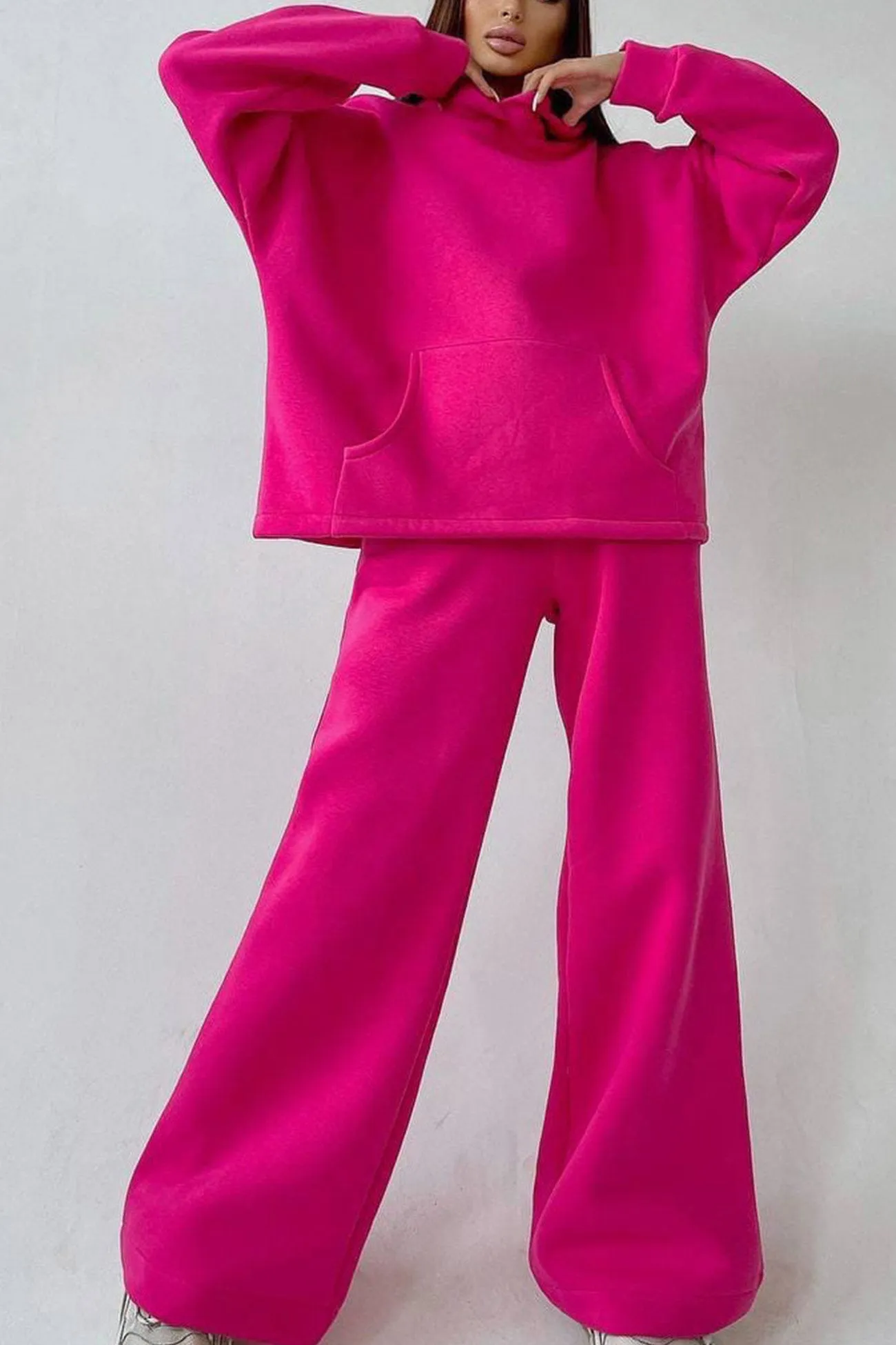 Solid Hoodie Wide Leg Long Pants Suits
