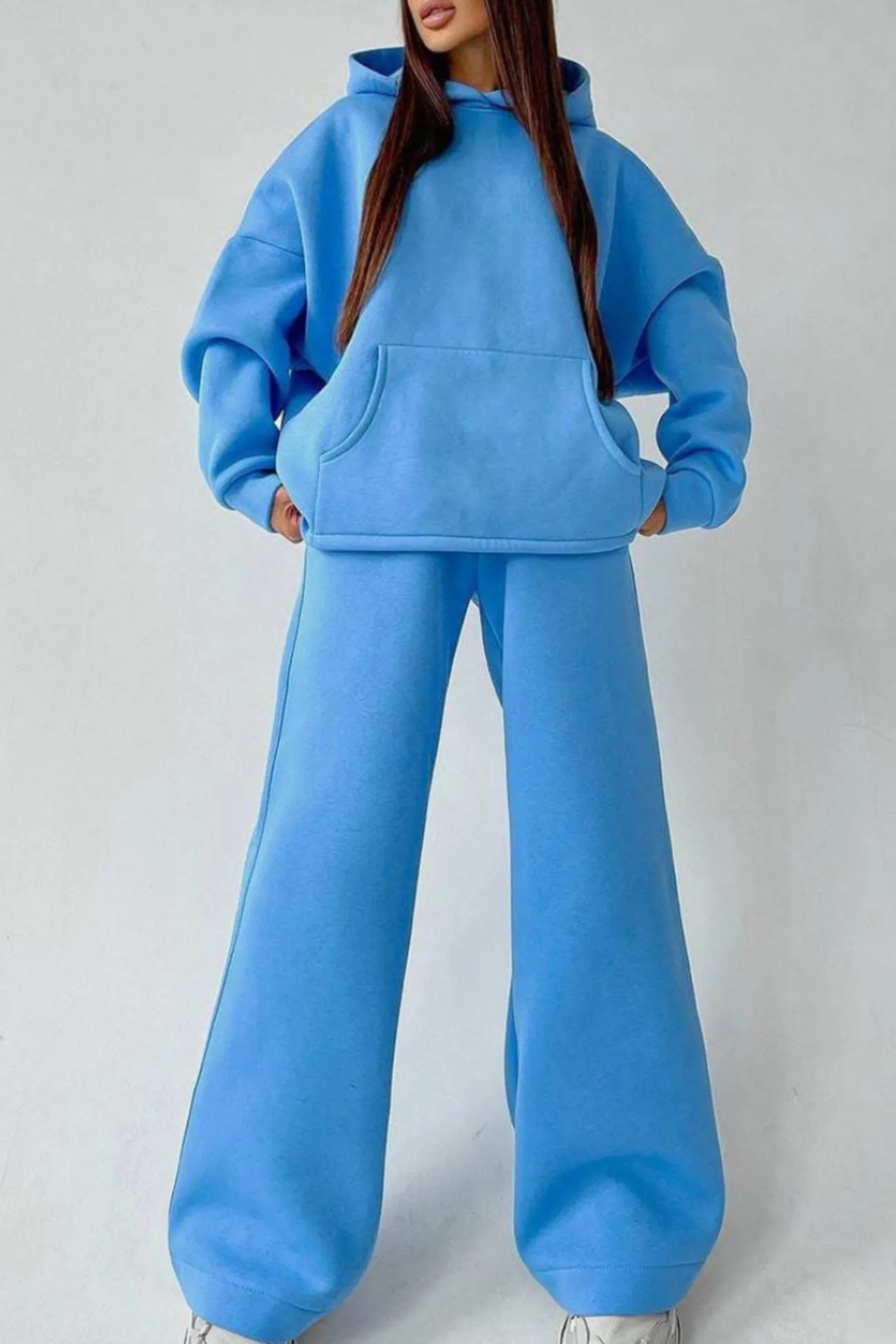Solid Hoodie Wide Leg Long Pants Suits