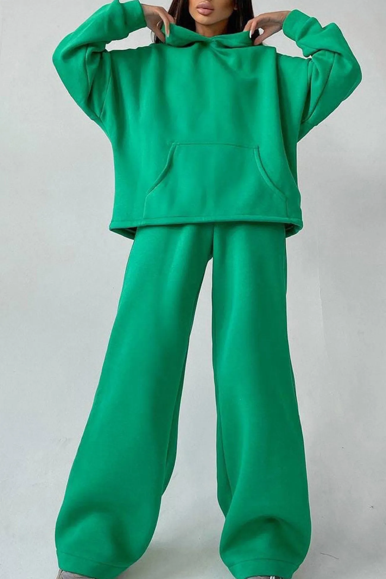 Solid Hoodie Wide Leg Long Pants Suits