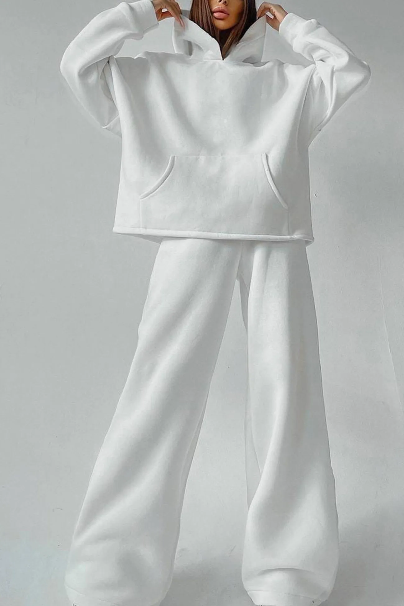 Solid Hoodie Wide Leg Long Pants Suits