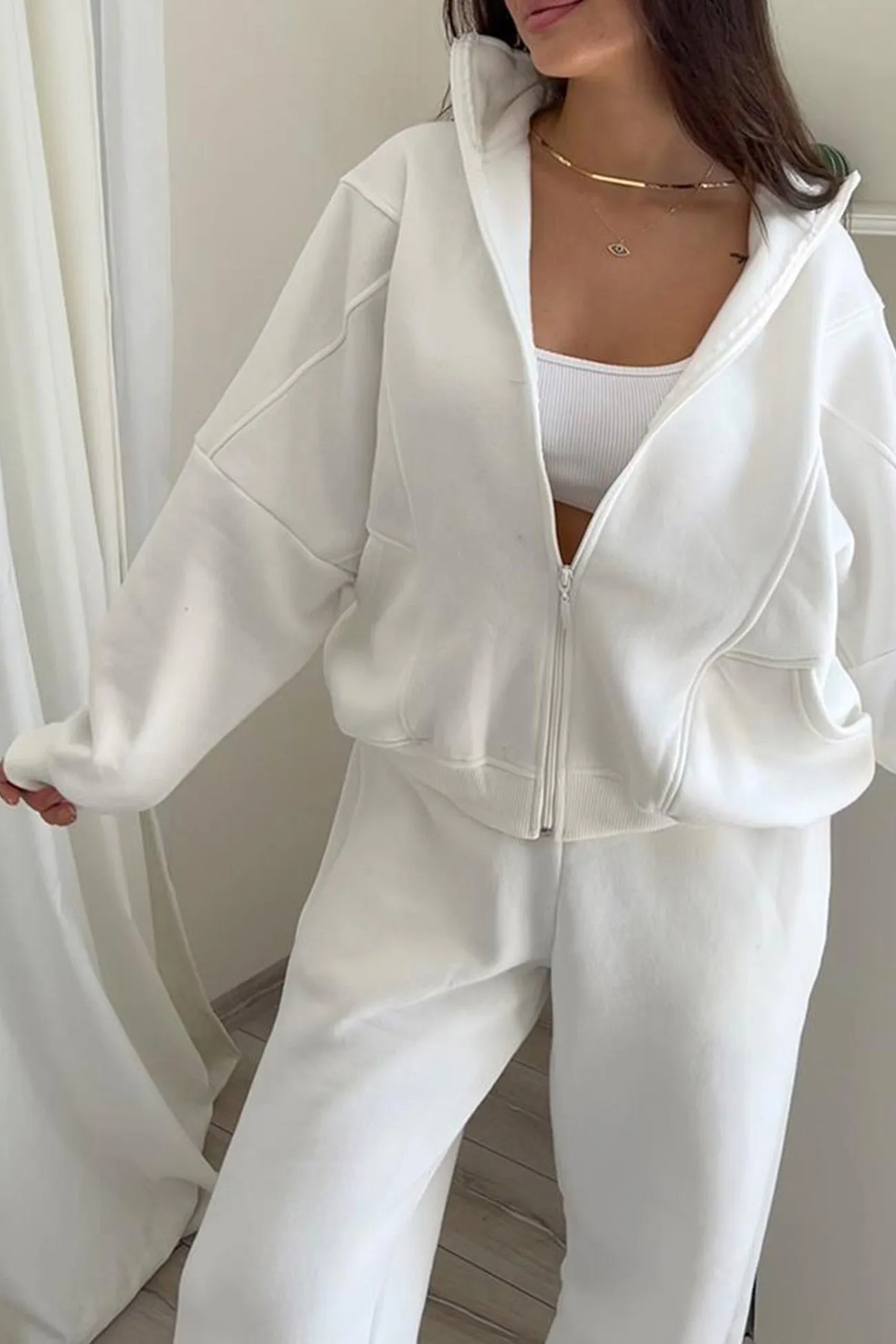 Stand Neck Fleece Hoodie Long Pants Suits