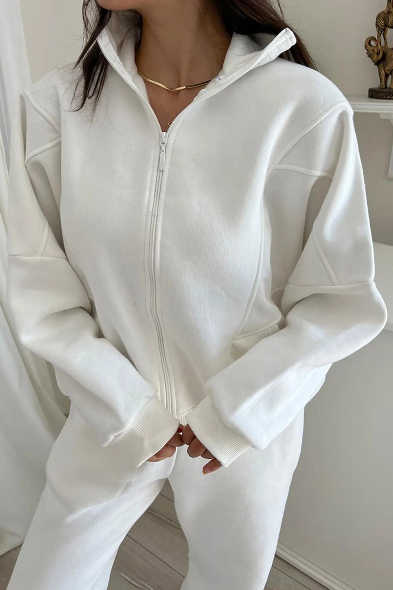 Stand Neck Fleece Hoodie Long Pants Suits