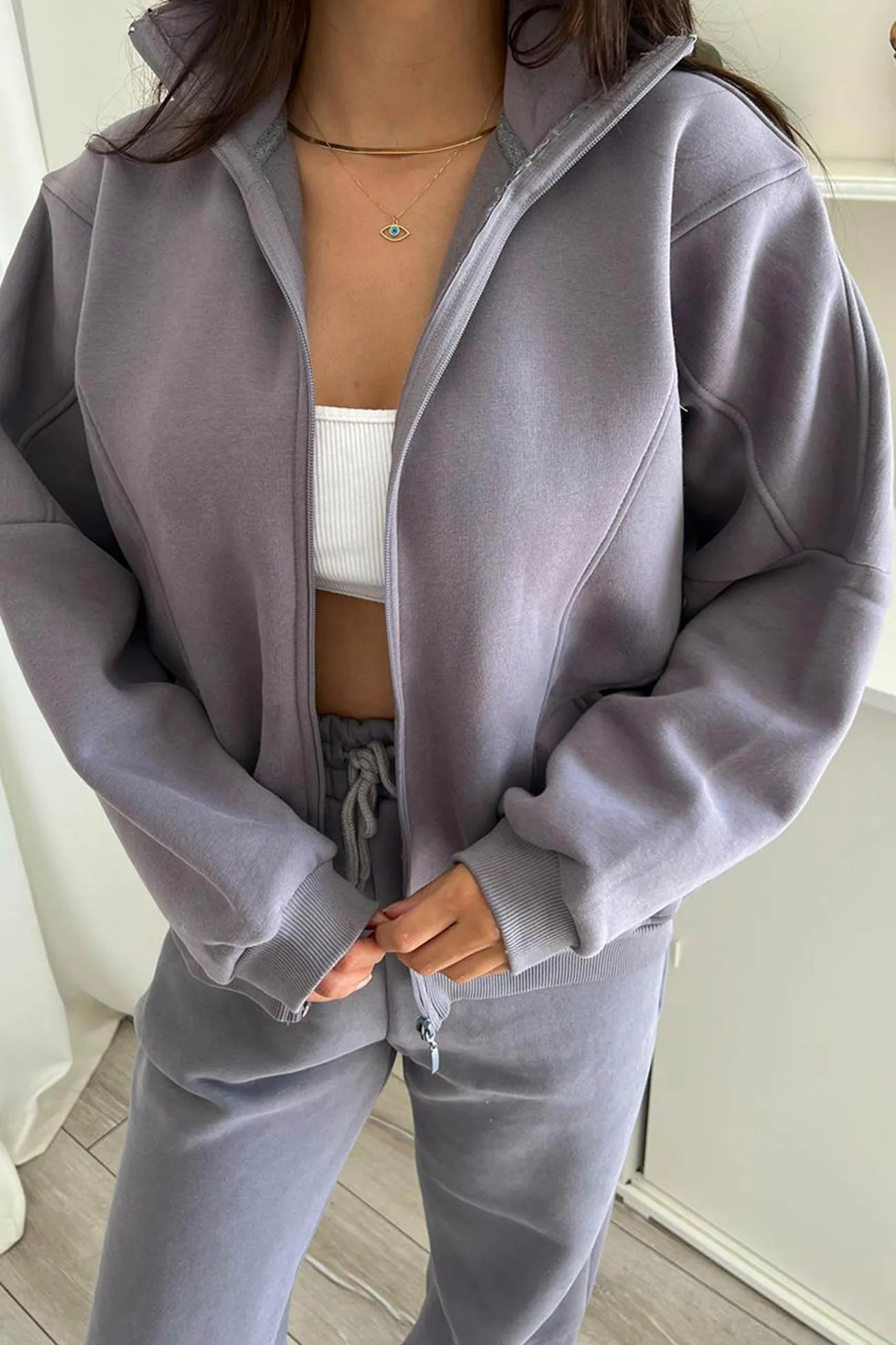 Stand Neck Fleece Hoodie Long Pants Suits