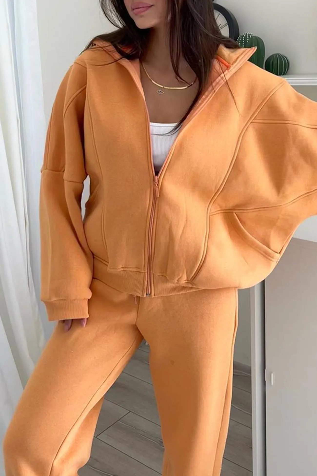 Stand Neck Fleece Hoodie Long Pants Suits