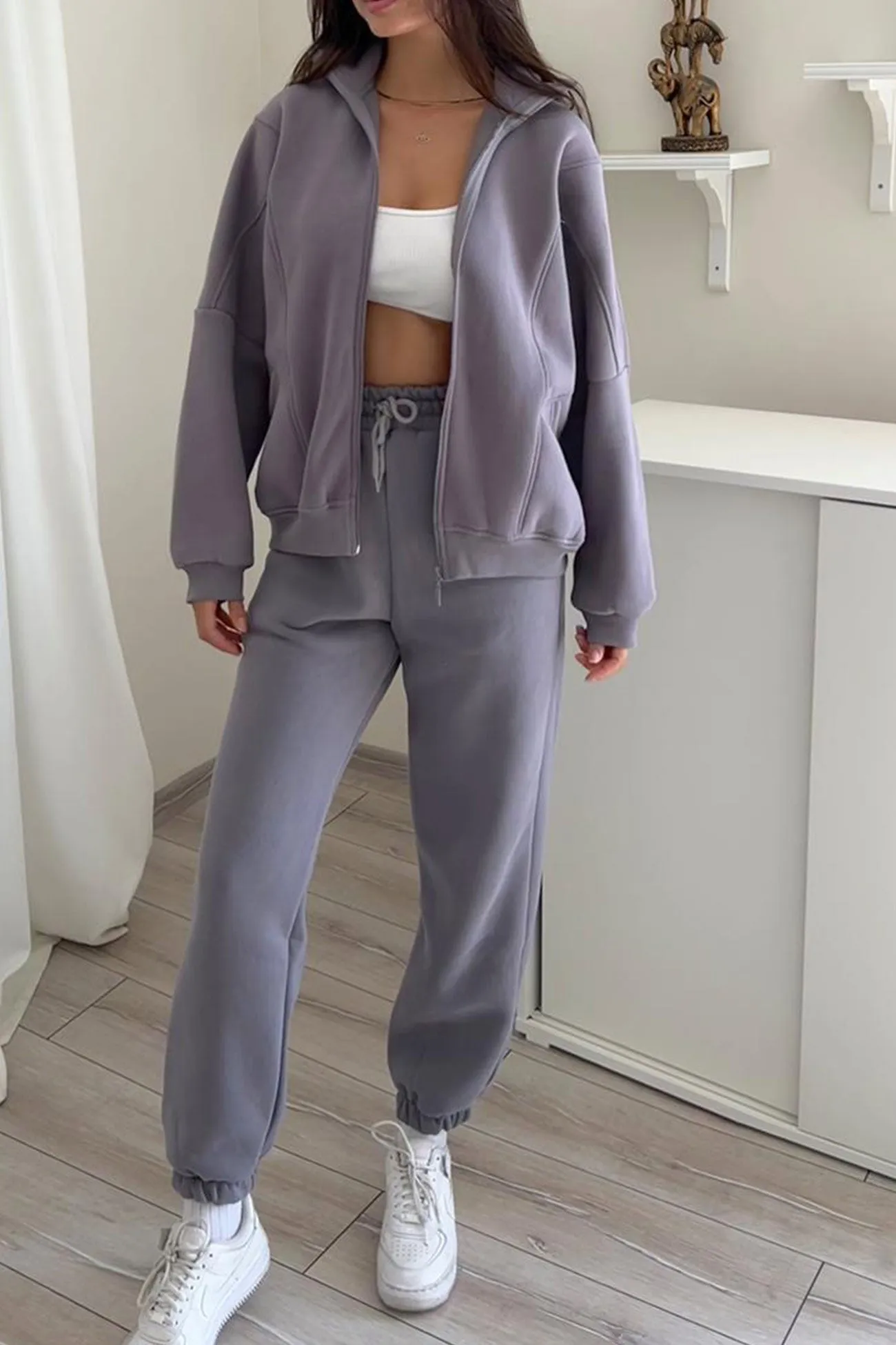 Stand Neck Fleece Hoodie Long Pants Suits