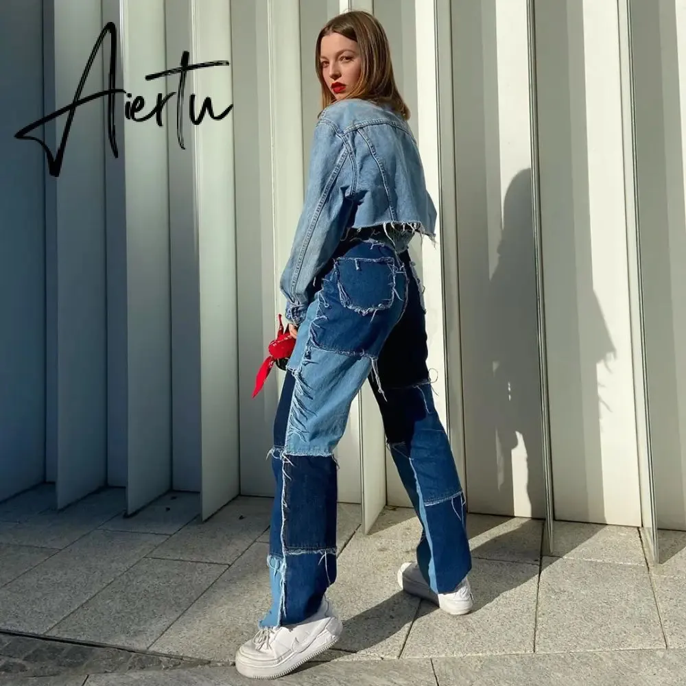 Stitching pants High waist color sweet light mature straight leg jeans summer women  slim slim summer youth sunshine