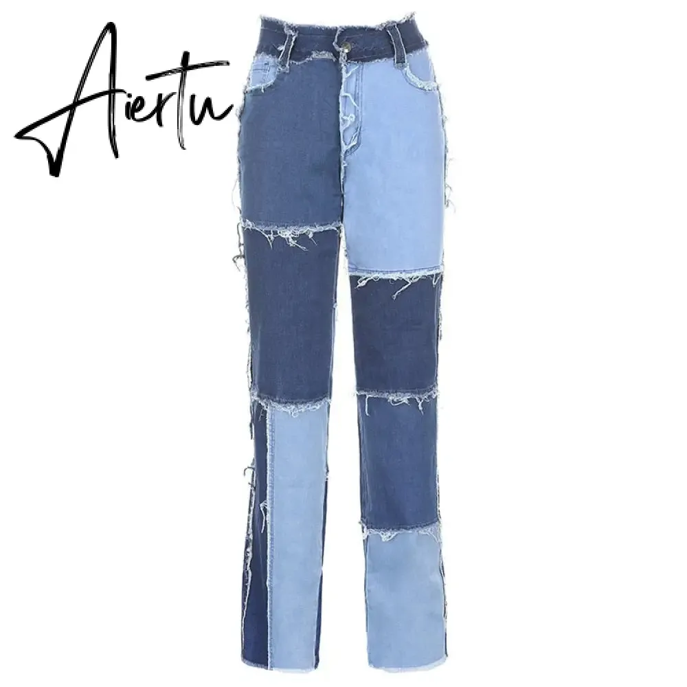 Stitching pants High waist color sweet light mature straight leg jeans summer women  slim slim summer youth sunshine