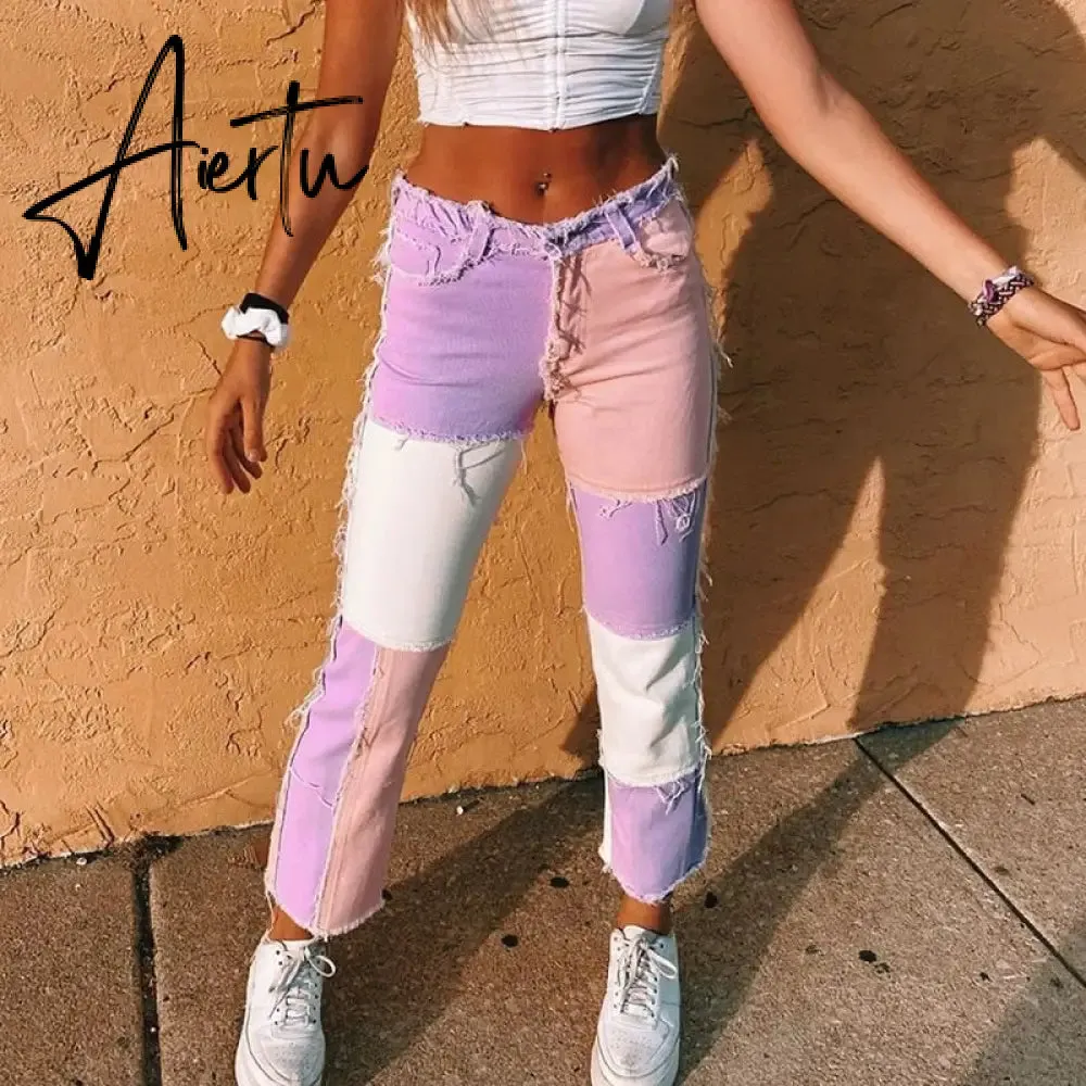 Stitching pants High waist color sweet light mature straight leg jeans summer women  slim slim summer youth sunshine