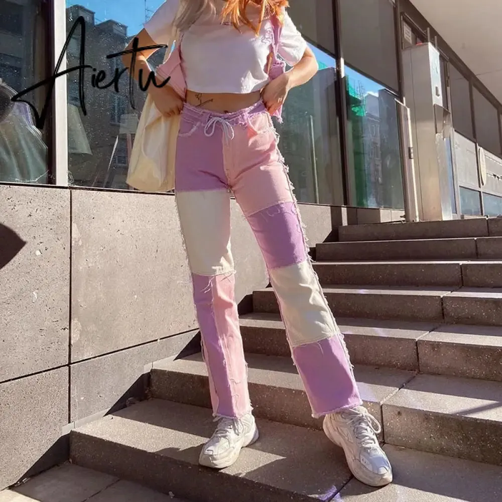 Stitching pants High waist color sweet light mature straight leg jeans summer women  slim slim summer youth sunshine