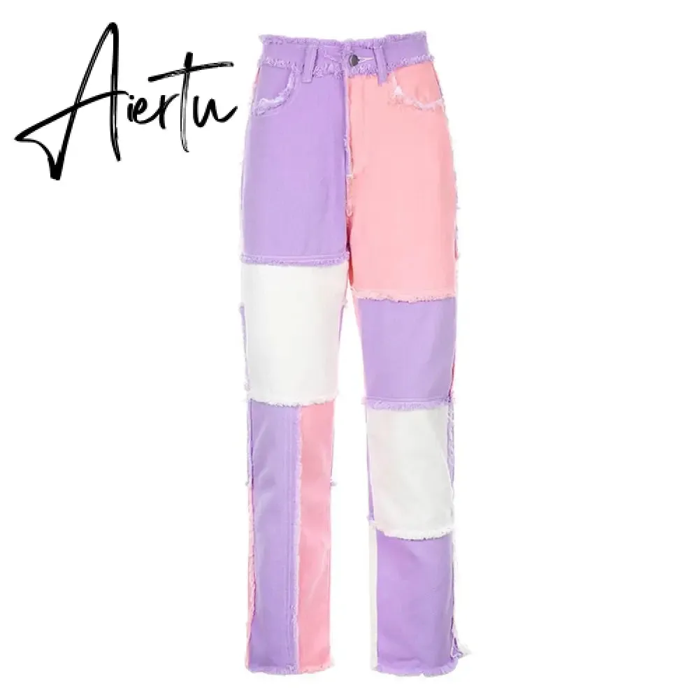 Stitching pants High waist color sweet light mature straight leg jeans summer women  slim slim summer youth sunshine