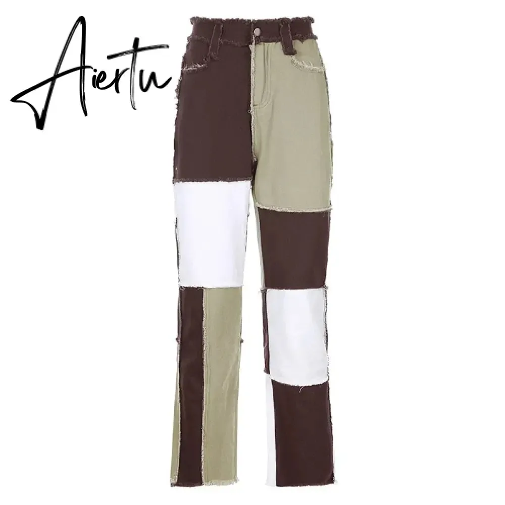 Stitching pants High waist color sweet light mature straight leg jeans summer women  slim slim summer youth sunshine