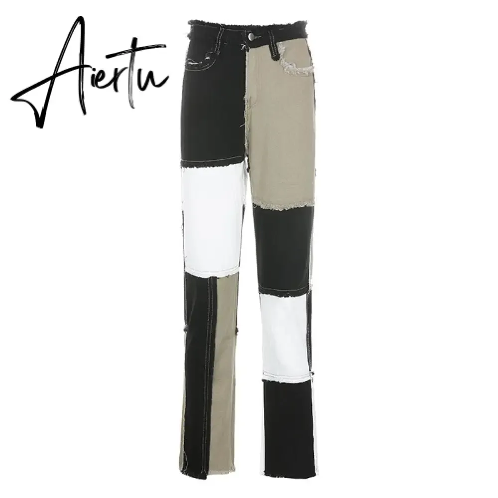 Stitching pants High waist color sweet light mature straight leg jeans summer women  slim slim summer youth sunshine