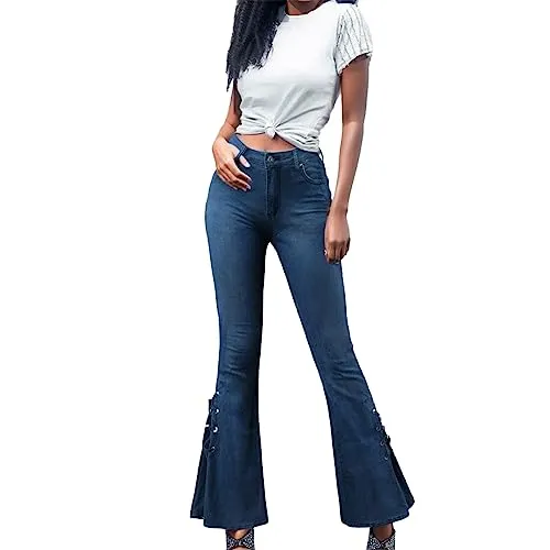 Women's Ripped Flare Bell Bottom Mid Waist Lace Up Hole Stretch Vintage Baggy Straight Denim Jeans Pants Trousers Streetwear Denim Jeans Lace Up Pants Mid Waist Trousers Flared Women's Pants