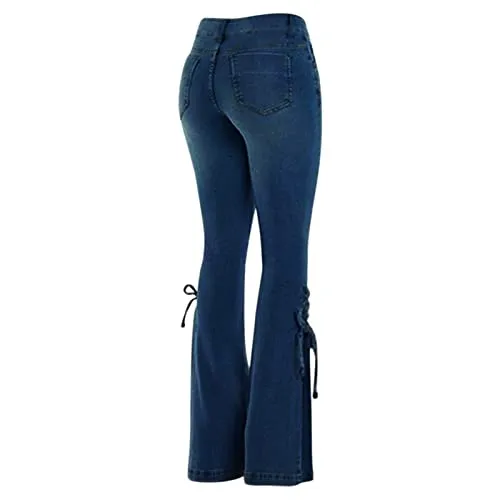 Women's Ripped Flare Bell Bottom Mid Waist Lace Up Hole Stretch Vintage Baggy Straight Denim Jeans Pants Trousers Streetwear Denim Jeans Lace Up Pants Mid Waist Trousers Flared Women's Pants