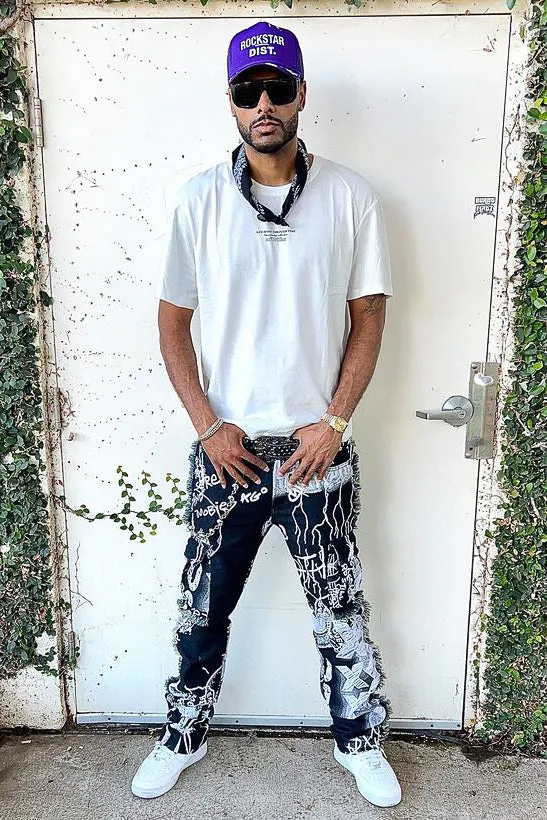 Zane Black/White Tapestry Stacked Flare Jean